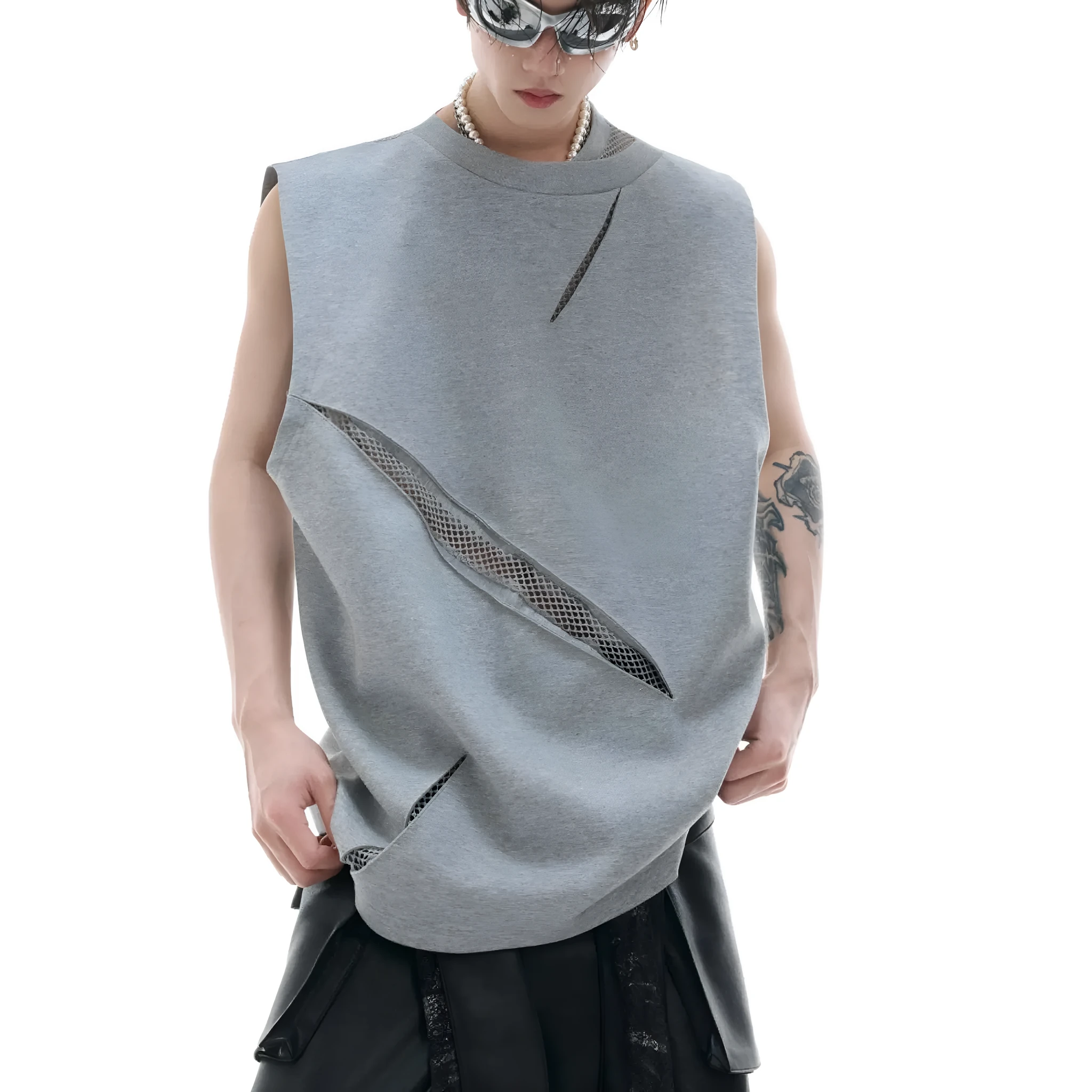 Slim fit sleeveless vest with metal decoration in black, 55% cotton polyester spandex blend, washed finish, L M XL sizes