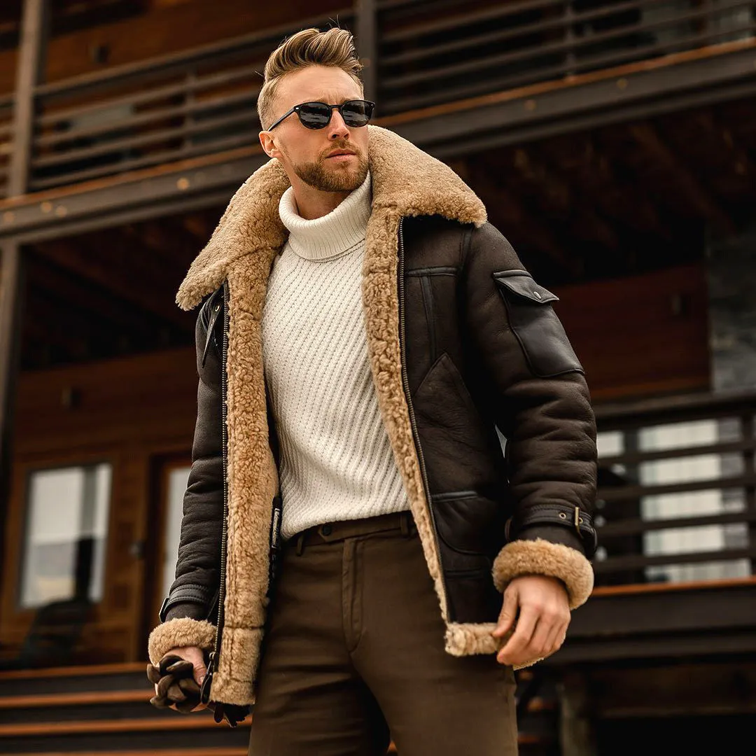 Mens military fleece winter jacket with fur collar and multiple pockets, black colour, straight cut medium length