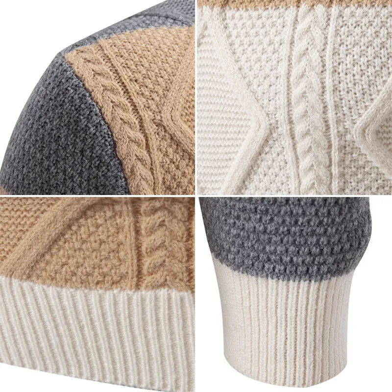 Men's fall winter colour block rhombus twisted pullover sweater in black khaki white loose fit long sleeve polyester blend