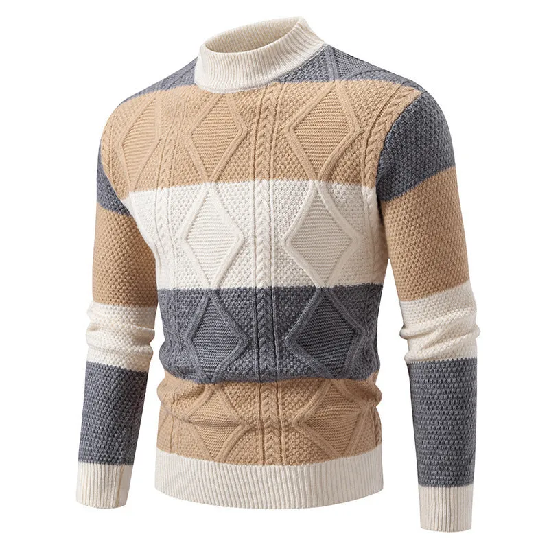 Men's fall winter colour block rhombus twisted pullover sweater in black khaki white loose fit long sleeve polyester blend