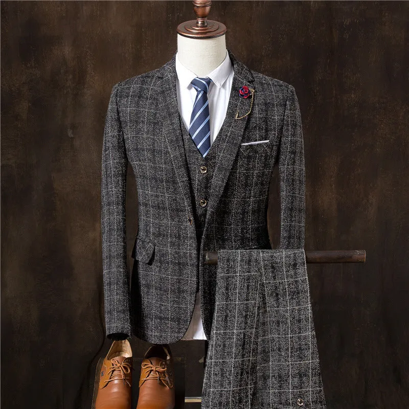 Men's 3-piece suit set with single button placket in acetate fabric, available in four colours