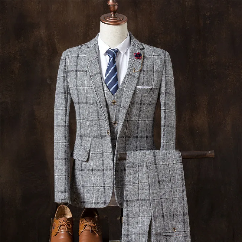 Men's 3-piece suit set with single button placket in acetate fabric, available in four colours