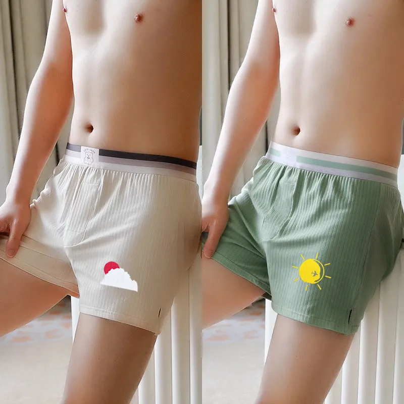 Men's cotton breathable loose boxers with animal pattern in beige and blue, mid-waist design, sizes M to XXL