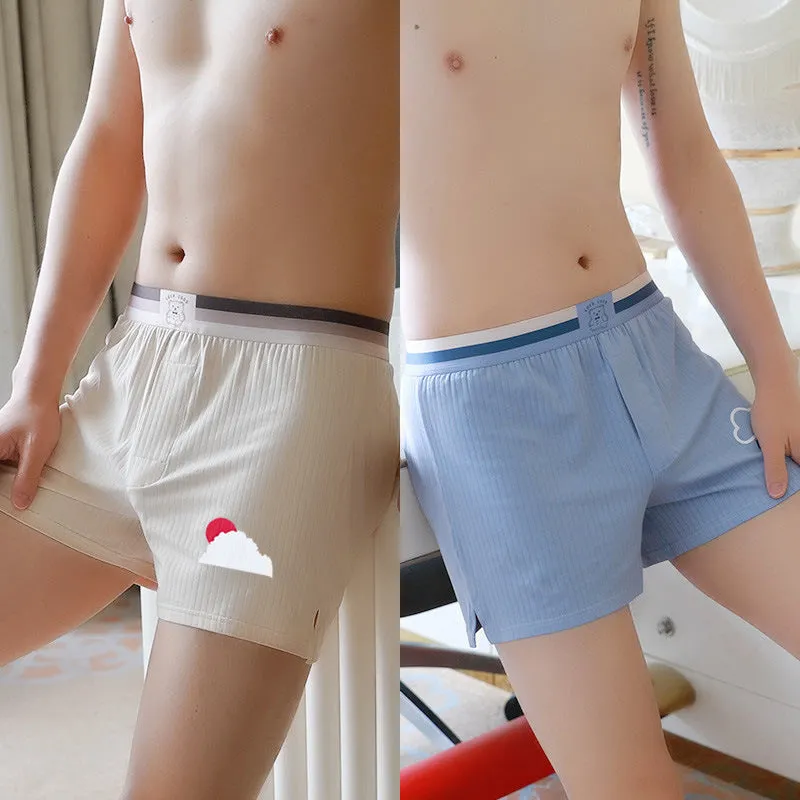 Men's cotton breathable loose boxers with animal pattern in beige and blue, mid-waist design, sizes M to XXL