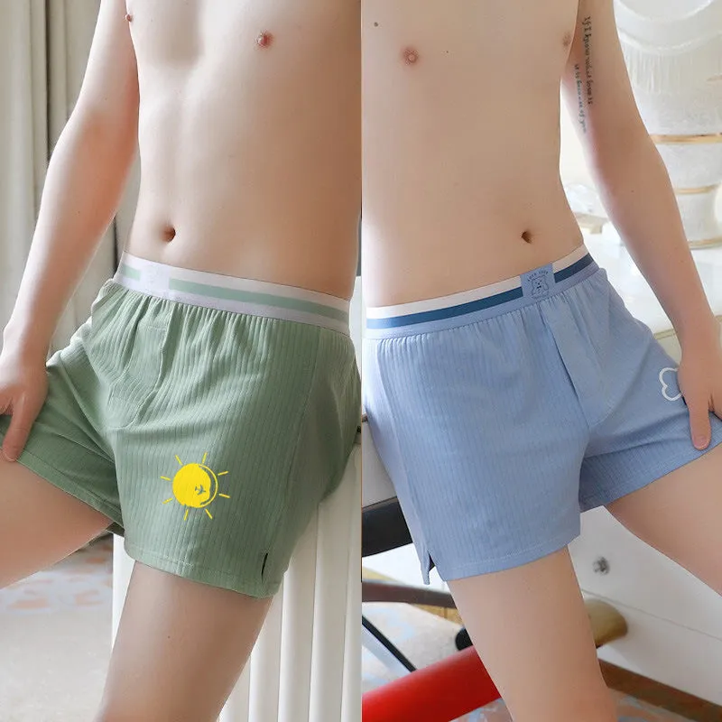 Men's cotton breathable loose boxers with animal pattern in beige and blue, mid-waist design, sizes M to XXL