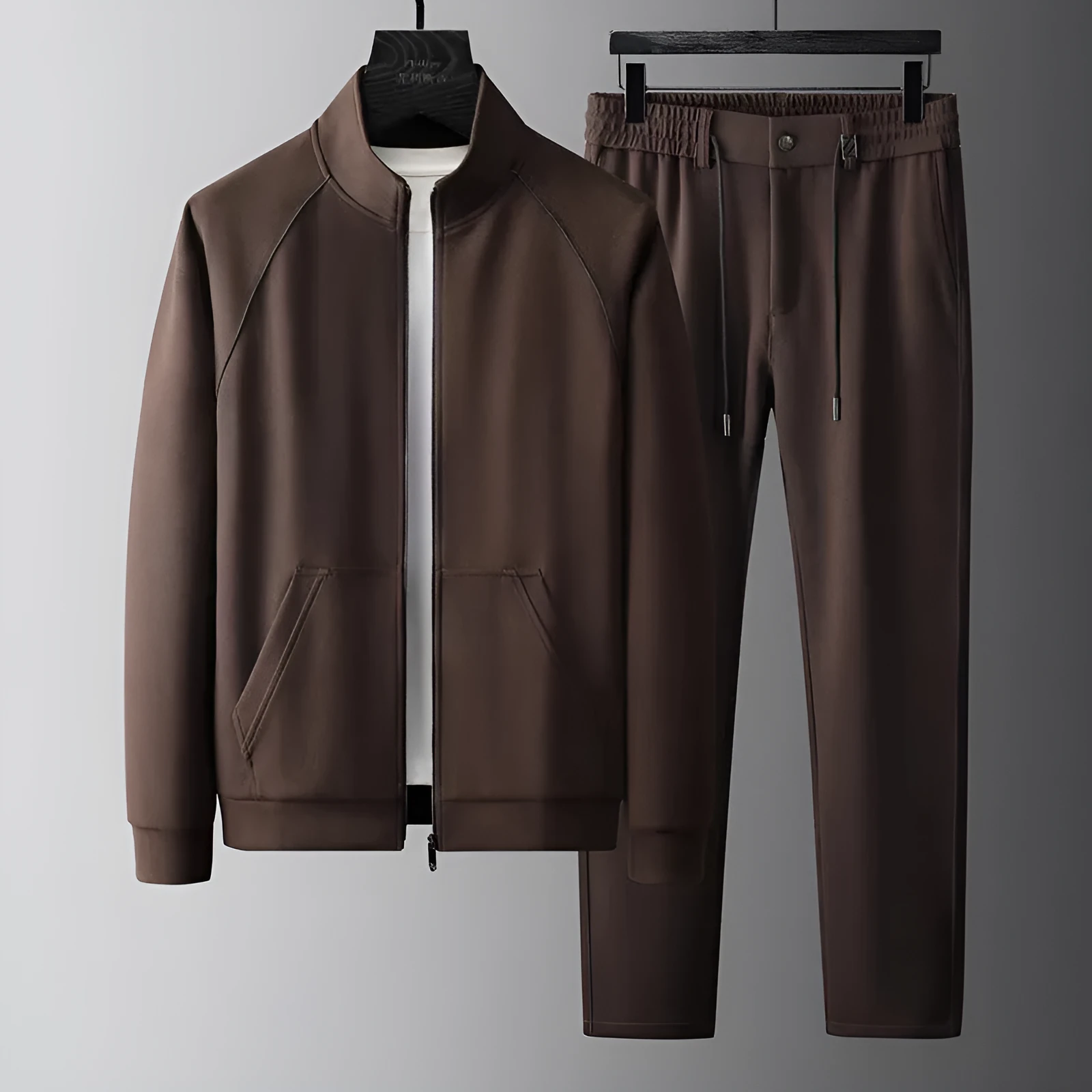Men's slim fit stand collar sports suit jacket and trousers in Vinylon fabric