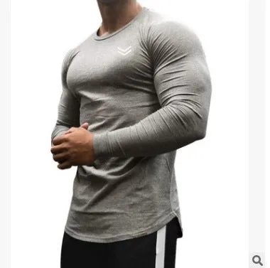 Men's loose quick-dry cotton long-sleeved sports top in plain solid colour, round neck, slim fit, size M to 2XL