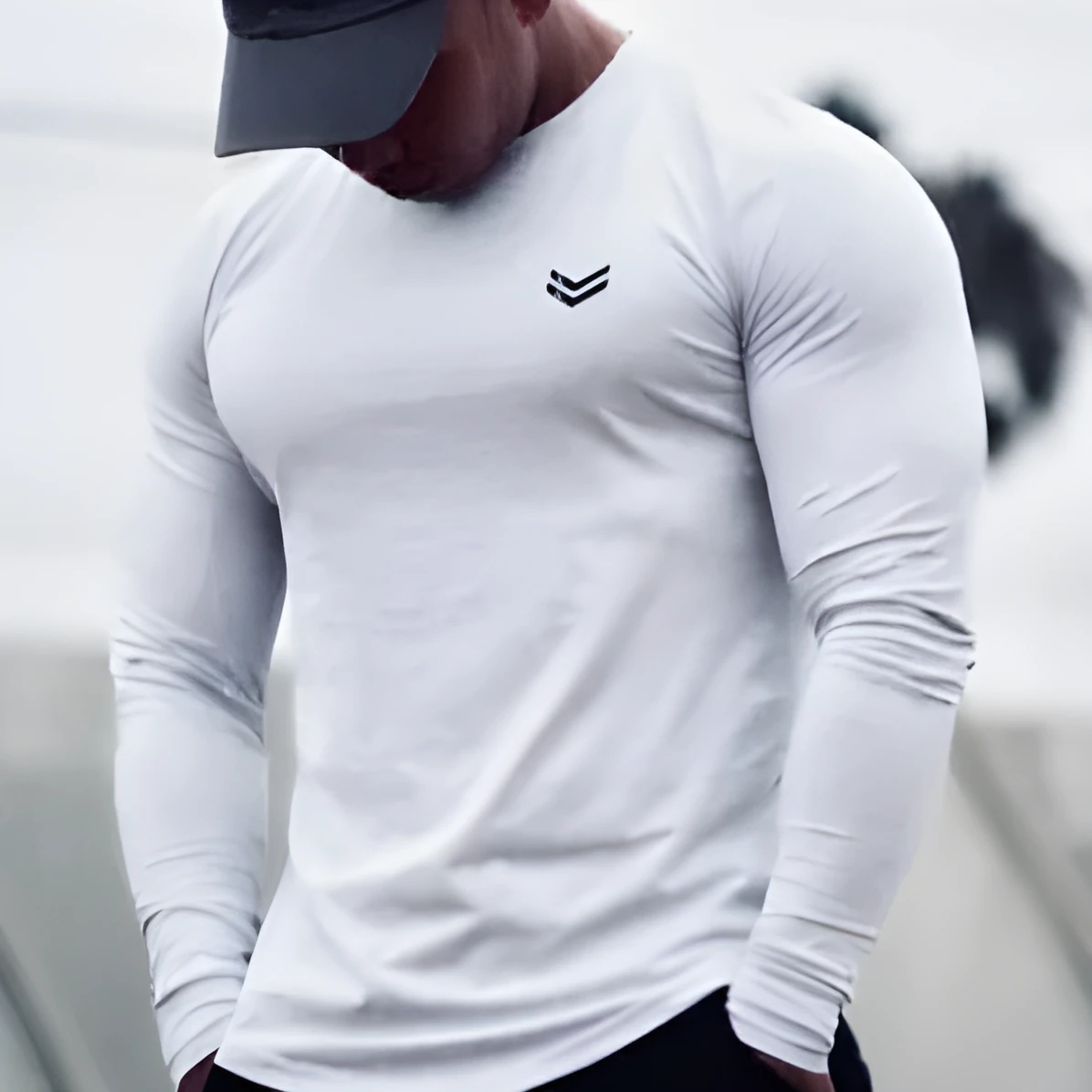 Men's loose quick-dry cotton long-sleeved sports top in plain solid colour, round neck, slim fit, size M to 2XL