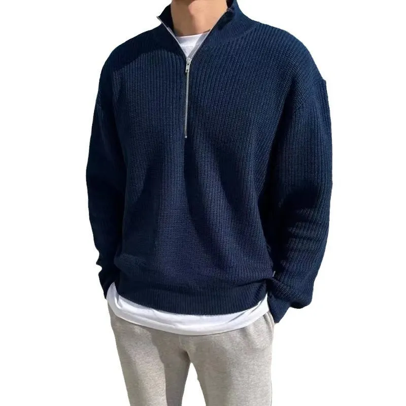 Men's loose fit half zipper sweater pullover in khaki, Hong Kong style
