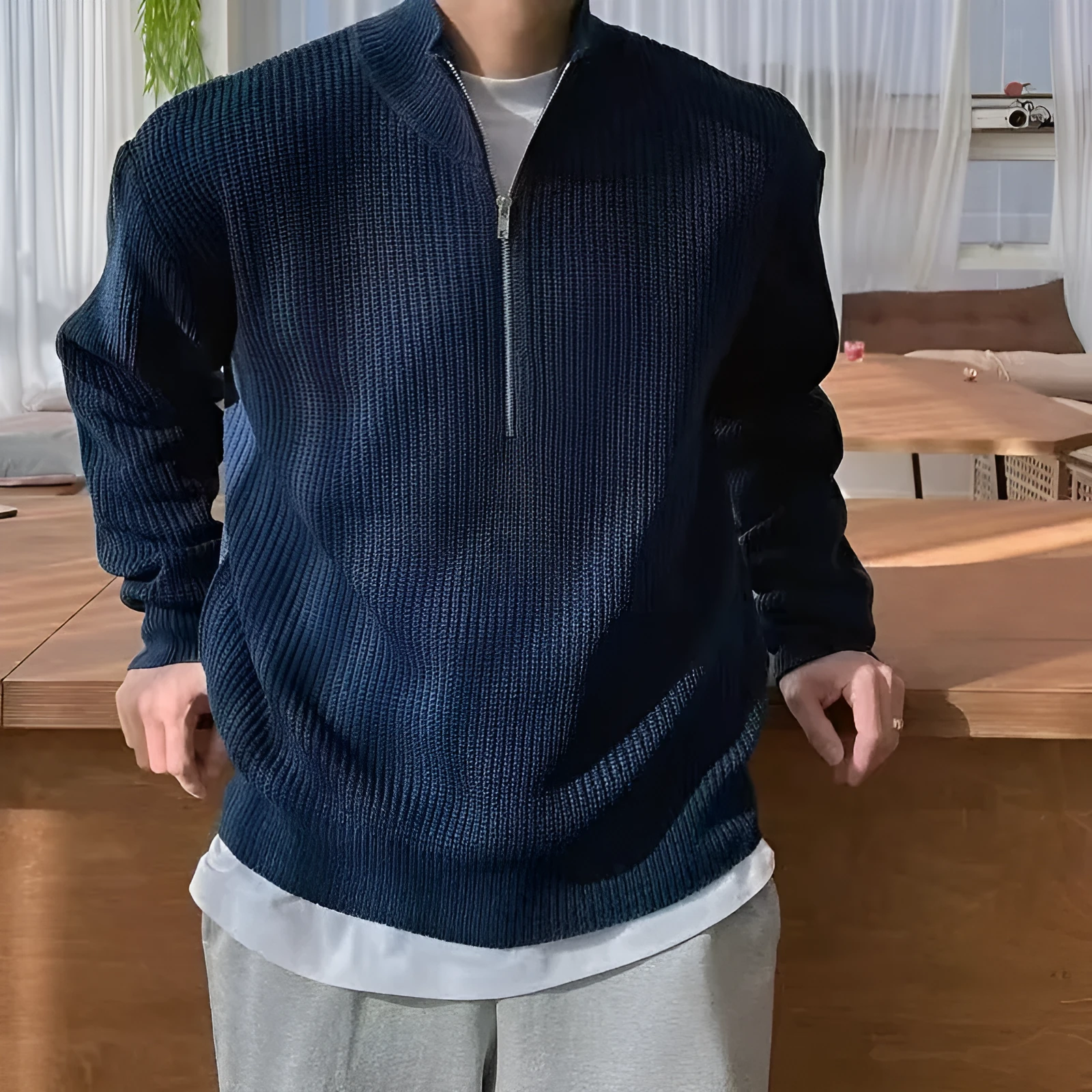Men's loose fit half zipper sweater pullover in khaki, Hong Kong style