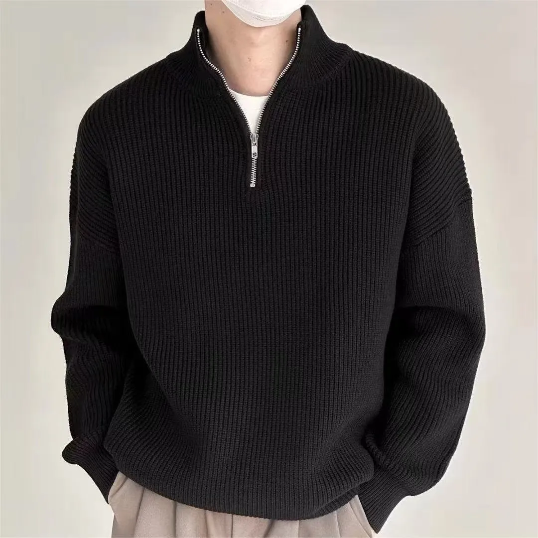 Men's loose fit half zipper sweater pullover in khaki, Hong Kong style