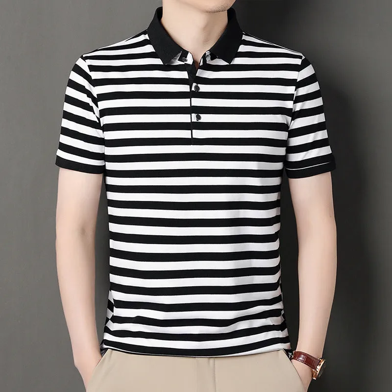 Men's striped short-sleeved pullover t-shirt in blue, straight fit, polyester blend, size M to 4XL