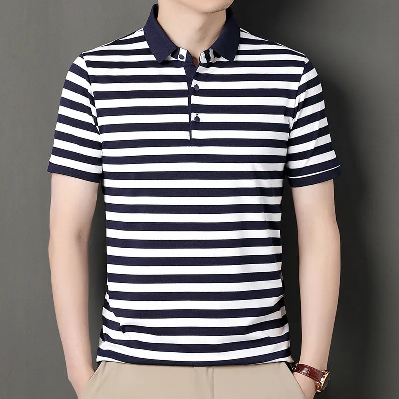 Men's striped short-sleeved pullover t-shirt in blue, straight fit, polyester blend, size M to 4XL