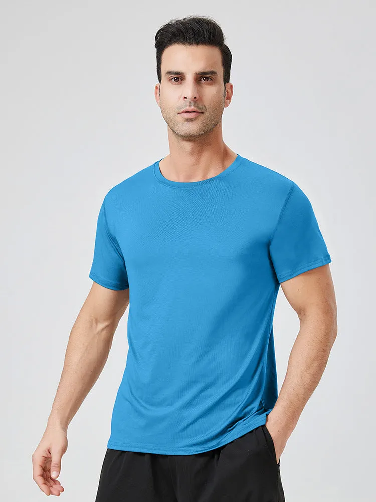 Men's loose milk silk workout t-shirt in blue, front view, for running and gym exercise