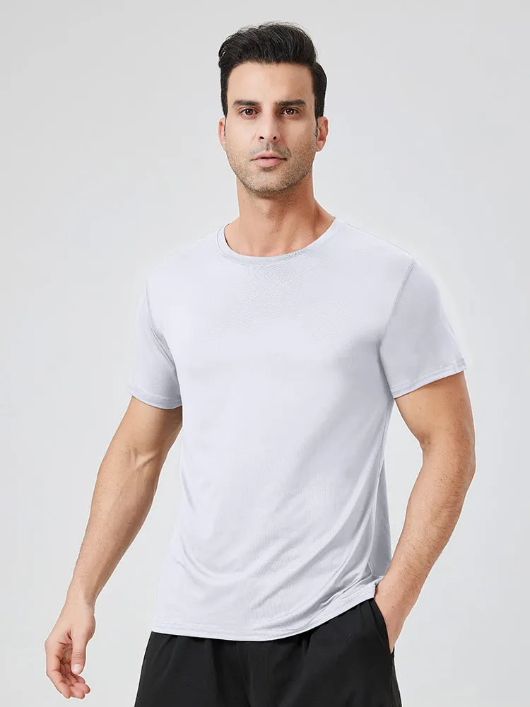 Men's loose milk silk workout t-shirt in blue, front view, for running and gym exercise