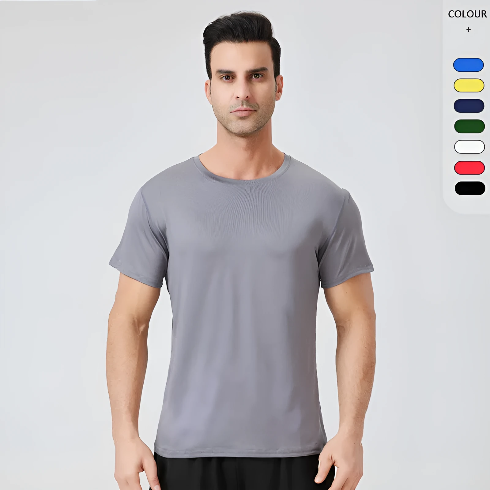 Men's loose milk silk workout t-shirt in blue, front view, for running and gym exercise
