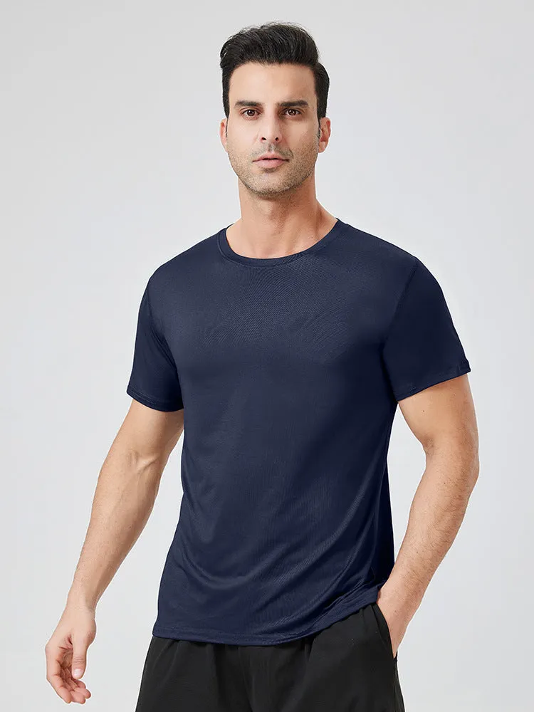 Men's loose milk silk workout t-shirt in blue, front view, for running and gym exercise