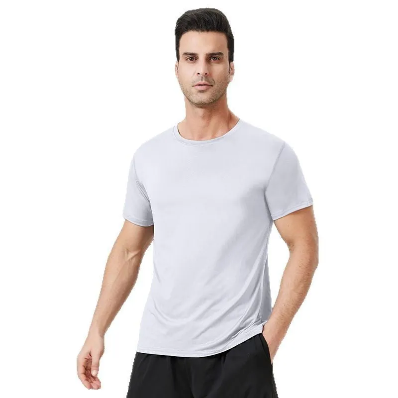 Men's loose milk silk workout t-shirt in blue, front view, for running and gym exercise