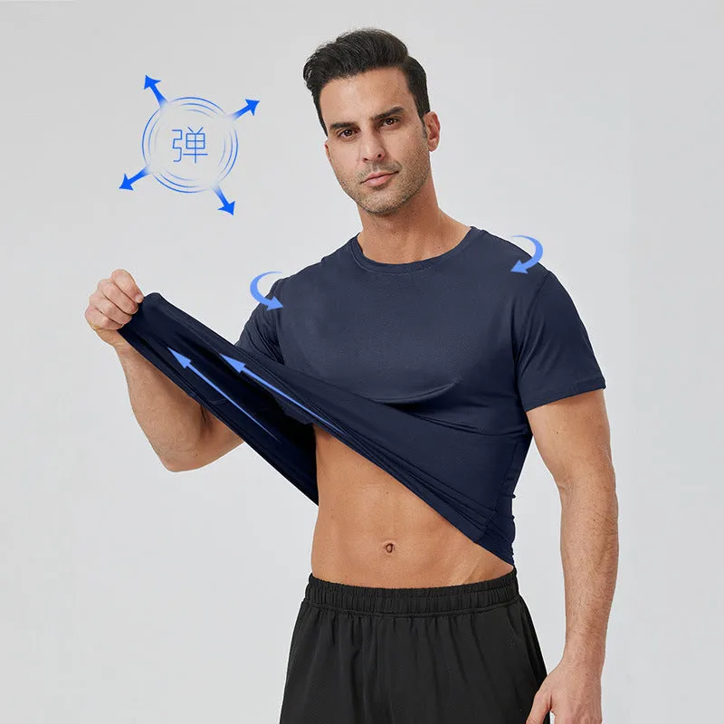 Men's loose milk silk workout t-shirt in blue, front view, for running and gym exercise