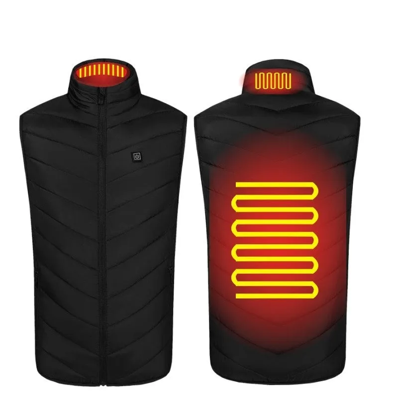 USB rechargeable heated vest with smart heating zones, polyester fibre fabric, stand-up collar, black colour