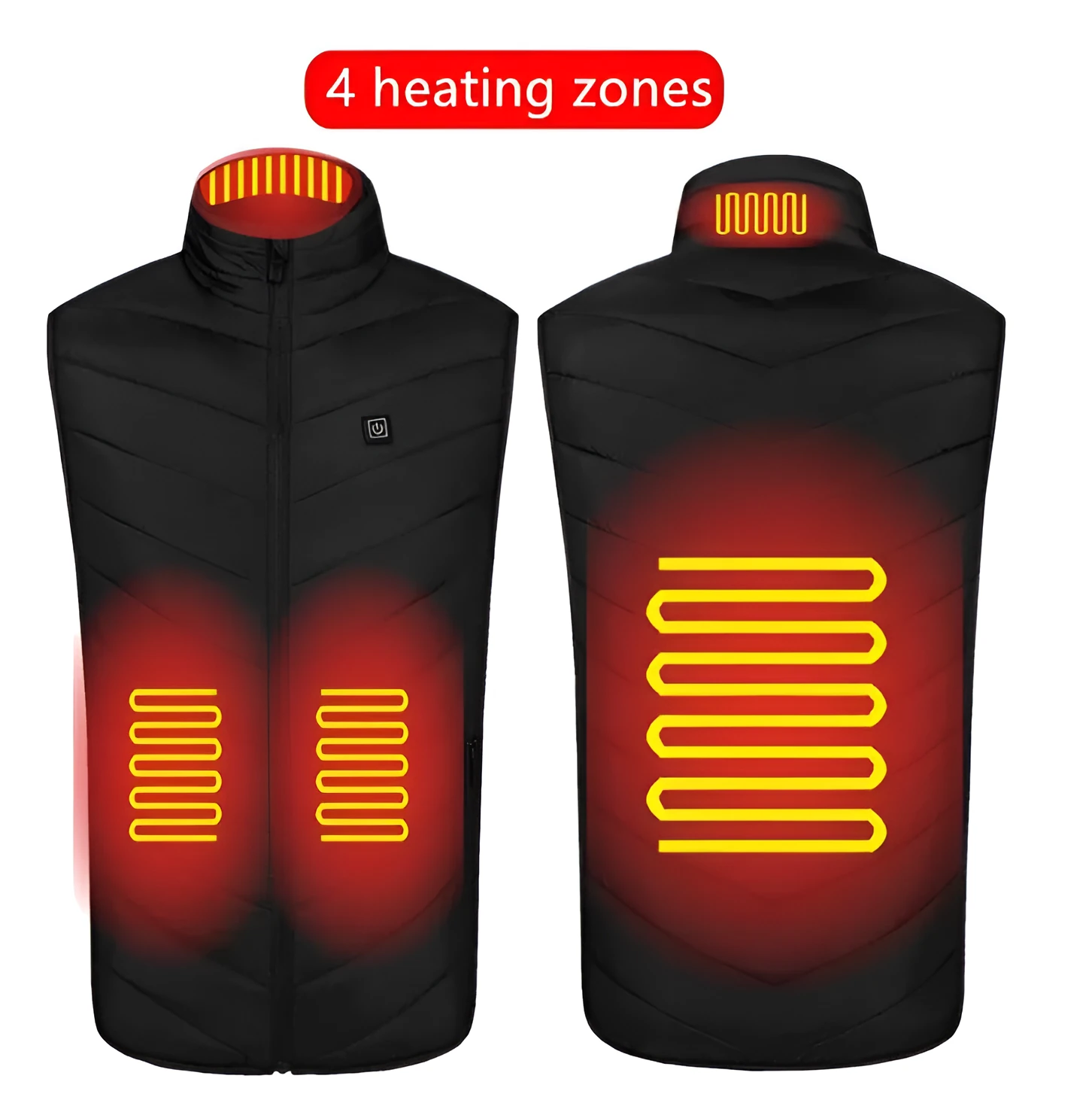 USB rechargeable heated vest with smart heating zones, polyester fibre fabric, stand-up collar, black colour