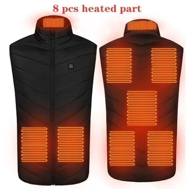 USB rechargeable heated vest with smart heating zones, polyester fibre fabric, stand-up collar, black colour