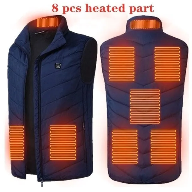 USB rechargeable heated vest with smart heating zones, polyester fibre fabric, stand-up collar, black colour