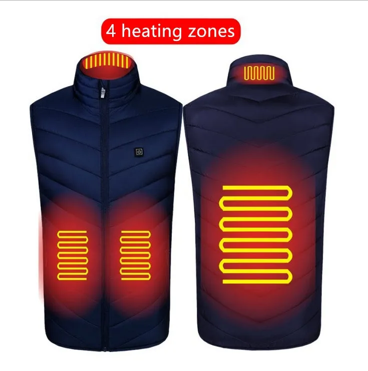 USB rechargeable heated vest with smart heating zones, polyester fibre fabric, stand-up collar, black colour