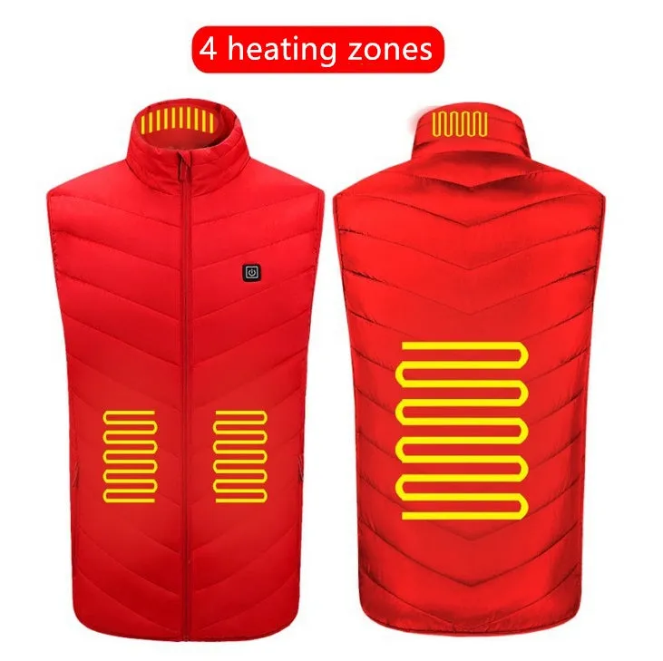 USB rechargeable heated vest with smart heating zones, polyester fibre fabric, stand-up collar, black colour