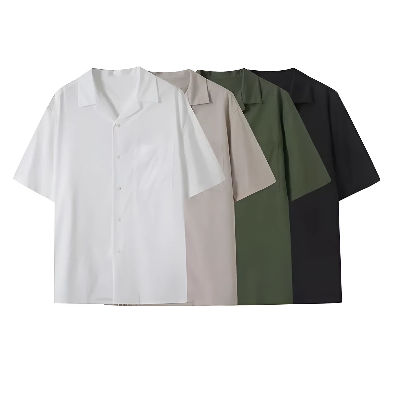 Men's and women's open collar solid colour shirt in beige with half sleeves and front pocket, loose fit