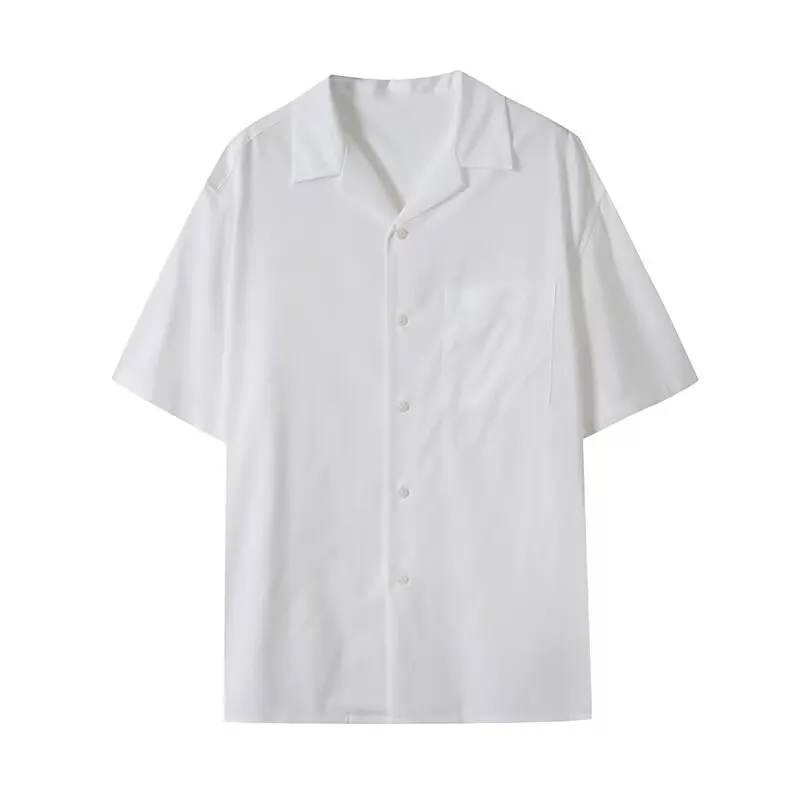 Men's and women's open collar solid colour shirt in beige with half sleeves and front pocket, loose fit