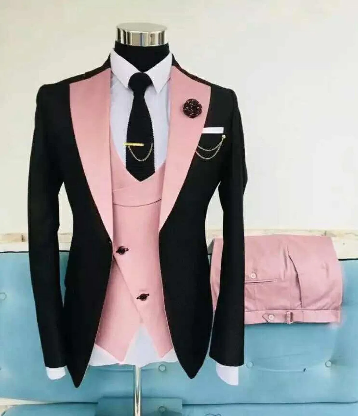 Men's slim fit three-piece cotton suit with coat, vest, and trousers for formal occasions