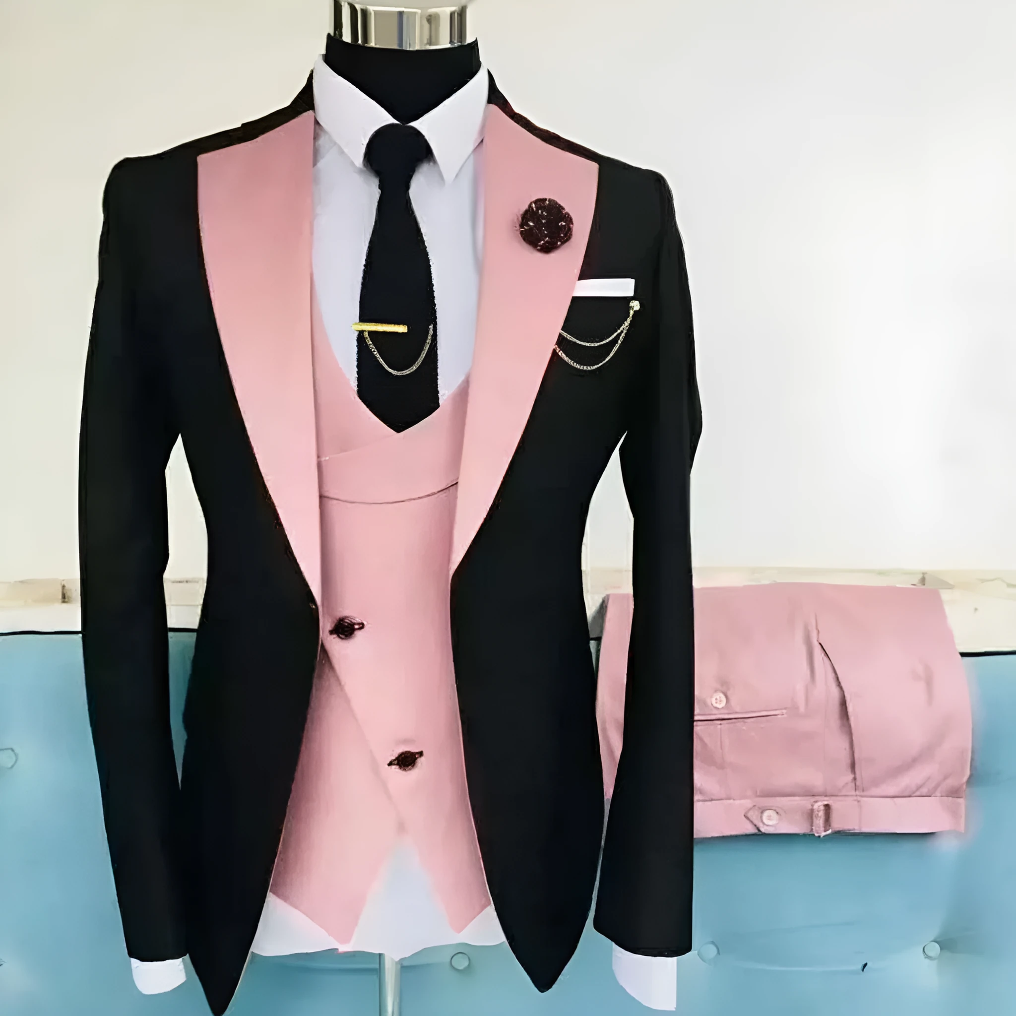 Men's slim fit three-piece cotton suit with coat, vest, and trousers for formal occasions