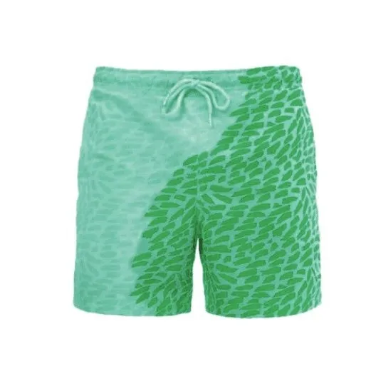 Magical colour-changing beach shorts for men in blue, with drawstring waist and quick-dry polyester fabric