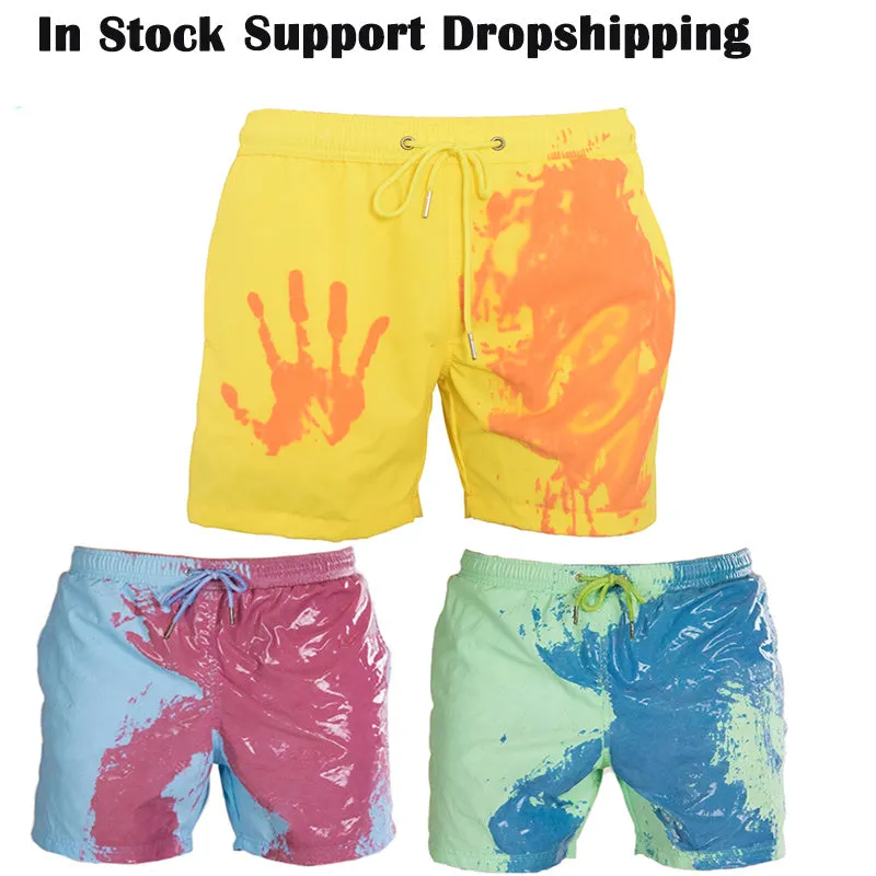 Magical colour-changing beach shorts for men in blue, with drawstring waist and quick-dry polyester fabric