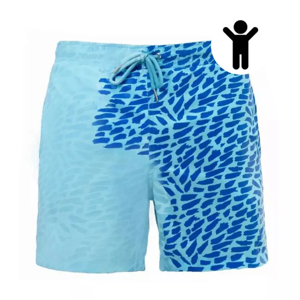 Magical colour-changing beach shorts for men in blue, with drawstring waist and quick-dry polyester fabric