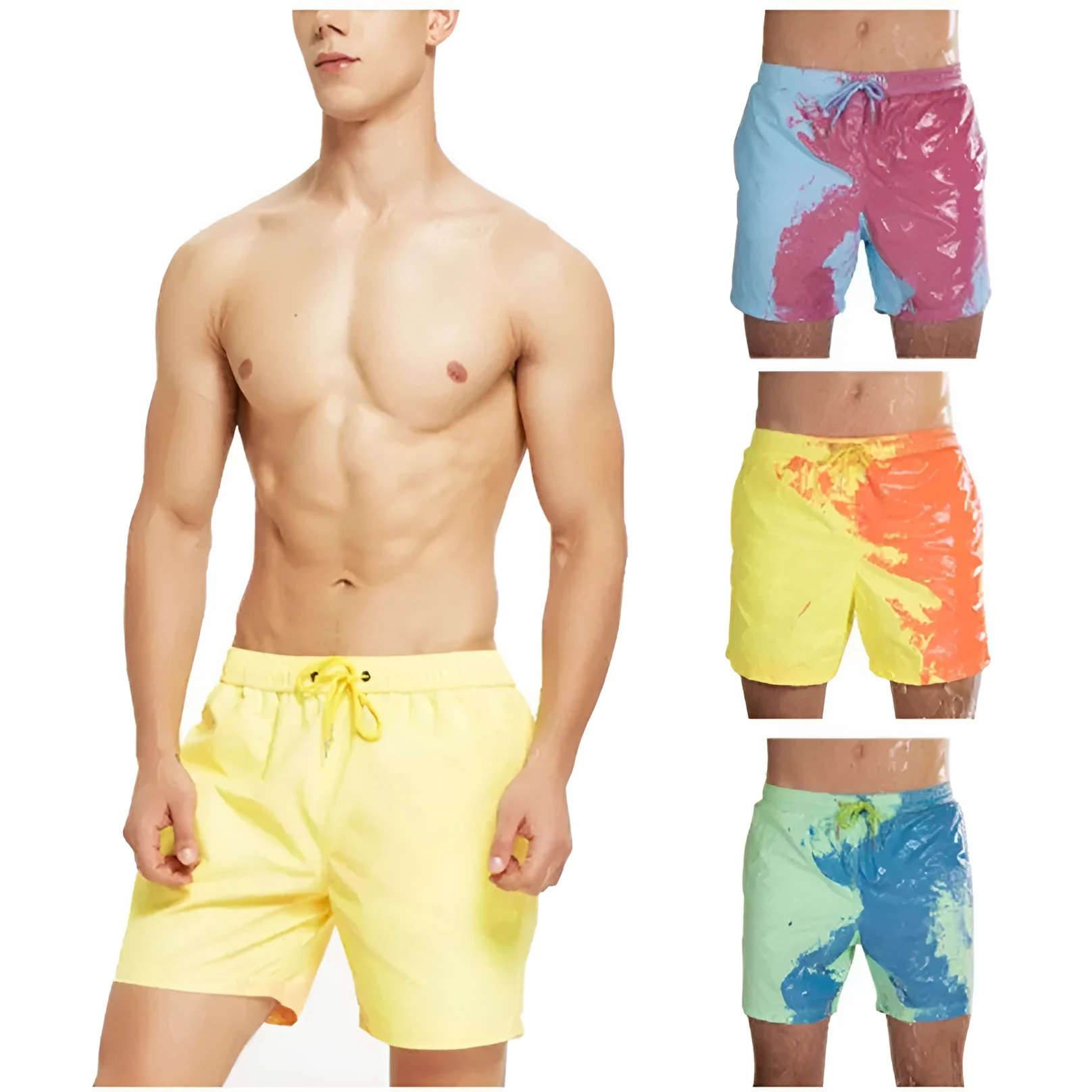 Magical colour-changing beach shorts for men in blue, with drawstring waist and quick-dry polyester fabric