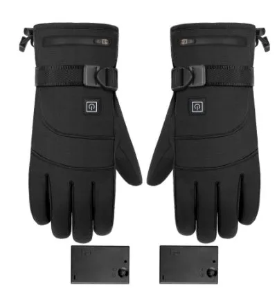 Winter electric heated gloves with touch screen fingers and carbon fibre heating in black nylon and cotton