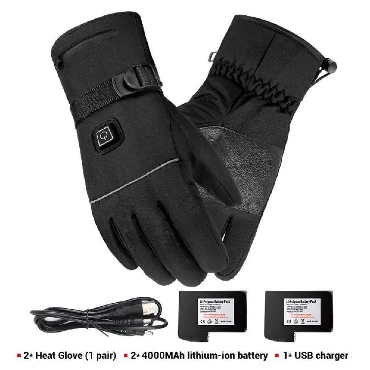 Winter electric heated gloves with touch screen fingers and carbon fibre heating in black nylon and cotton