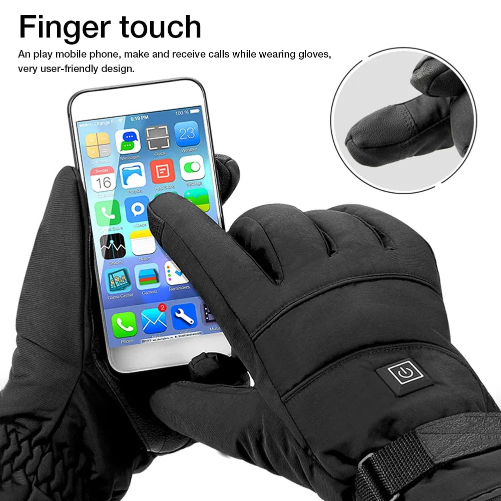 Winter electric heated gloves with touch screen fingers and carbon fibre heating in black nylon and cotton