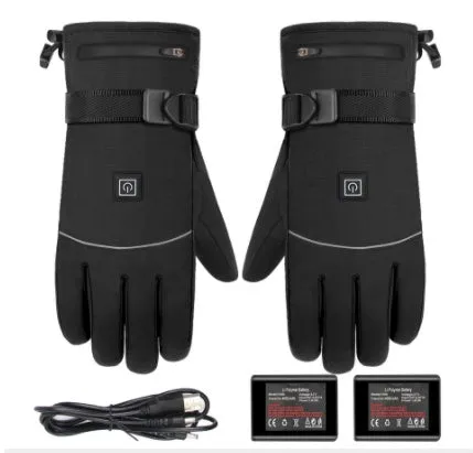 Winter electric heated gloves with touch screen fingers and carbon fibre heating in black nylon and cotton