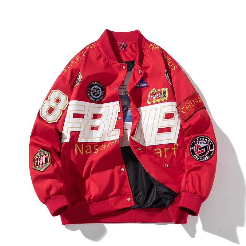 American motorcycle baseball uniform in black, red, or blue with optional detachable hood