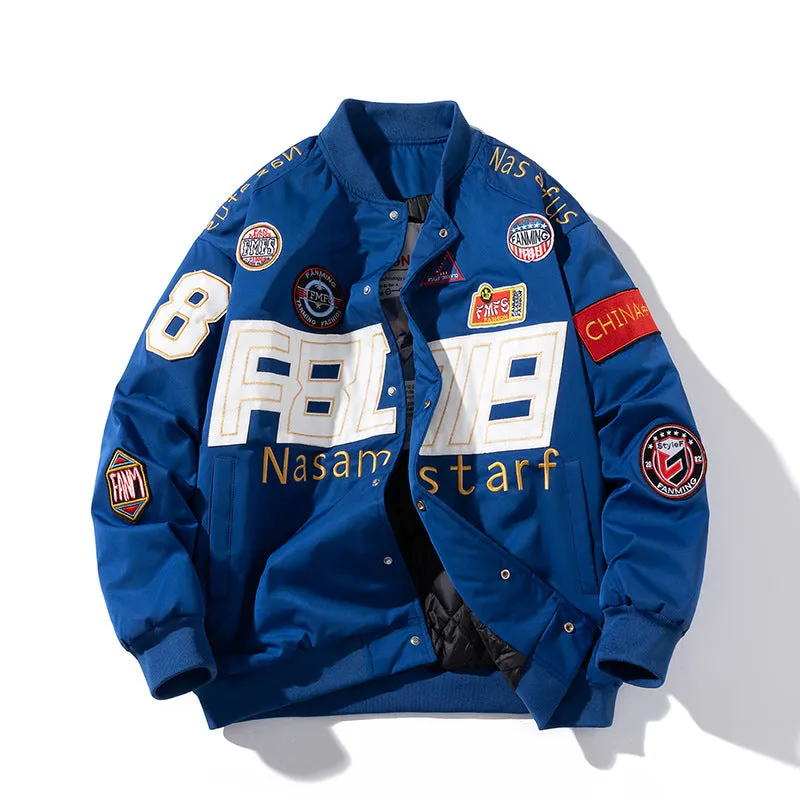 American motorcycle baseball uniform in black, red, or blue with optional detachable hood