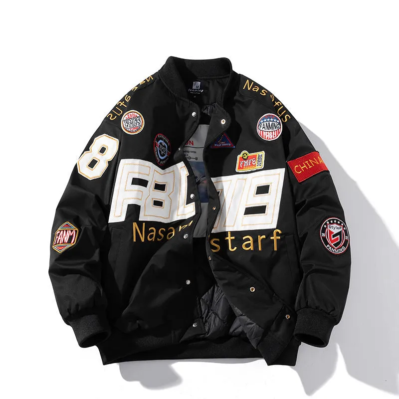 American motorcycle baseball uniform in black, red, or blue with optional detachable hood