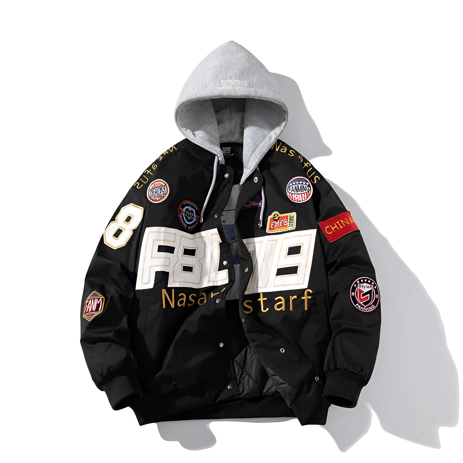 American motorcycle baseball uniform in black, red, or blue with optional detachable hood