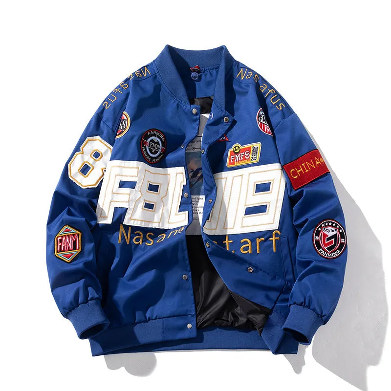 American motorcycle baseball uniform in black, red, or blue with optional detachable hood