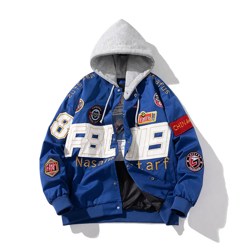 American motorcycle baseball uniform in black, red, or blue with optional detachable hood