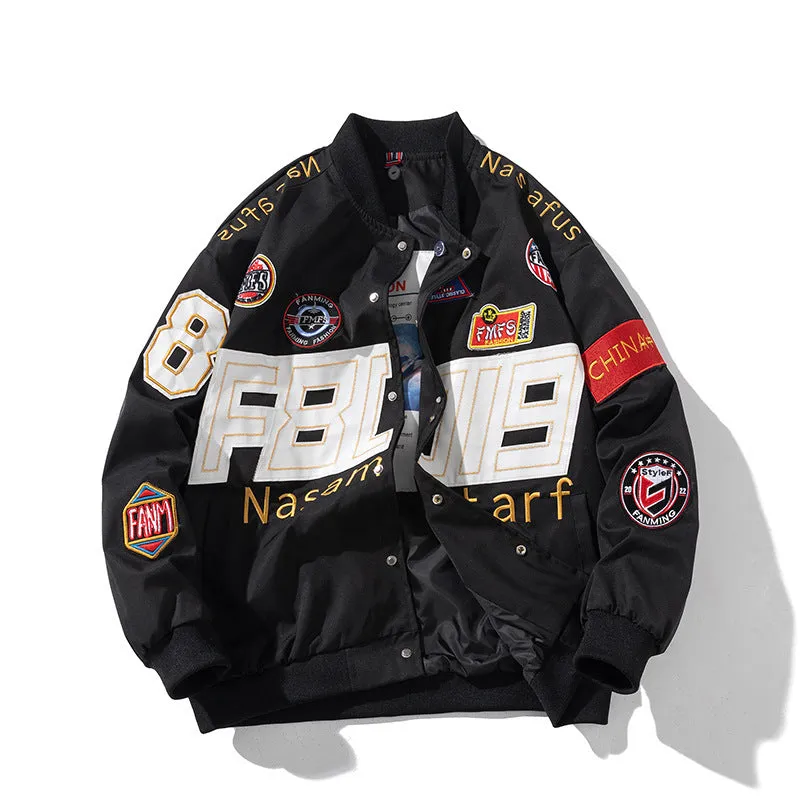 American motorcycle baseball uniform in black, red, or blue with optional detachable hood