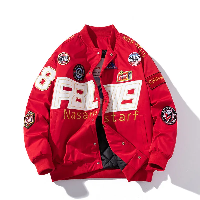 American motorcycle baseball uniform in black, red, or blue with optional detachable hood