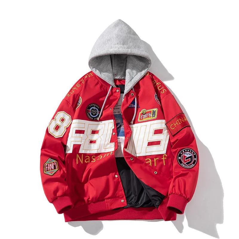 American motorcycle baseball uniform in black, red, or blue with optional detachable hood